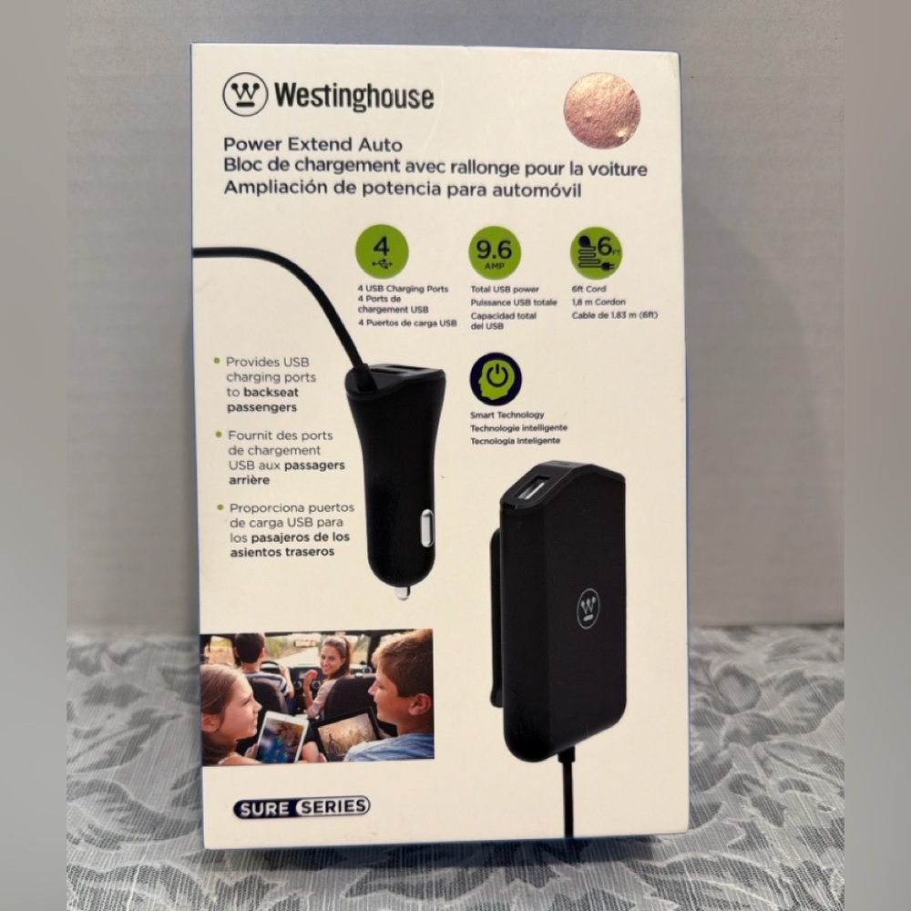 Westinghouse 4-Port USB Car Charger Power Extend Auto – Backseat Charging Hub